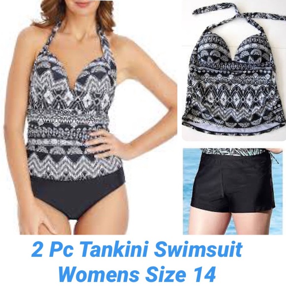 Tankini Swimsuit 2 Piece Set Black White Abstract Floral Womens Plus Size 14 - Picture 1 of 13